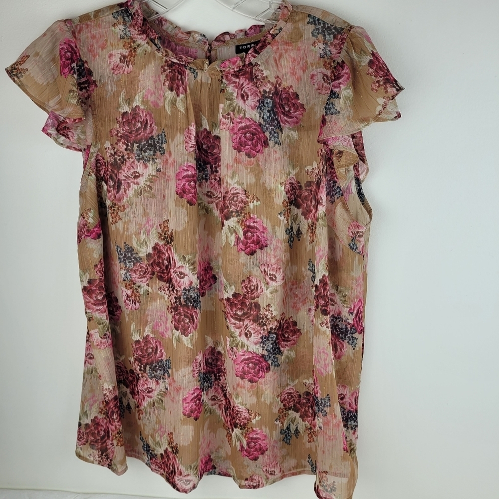 Torrid tan pink moody floral sheer blouse ruffle cap sleeves fairy girly M/L - Picture 3 of 11
